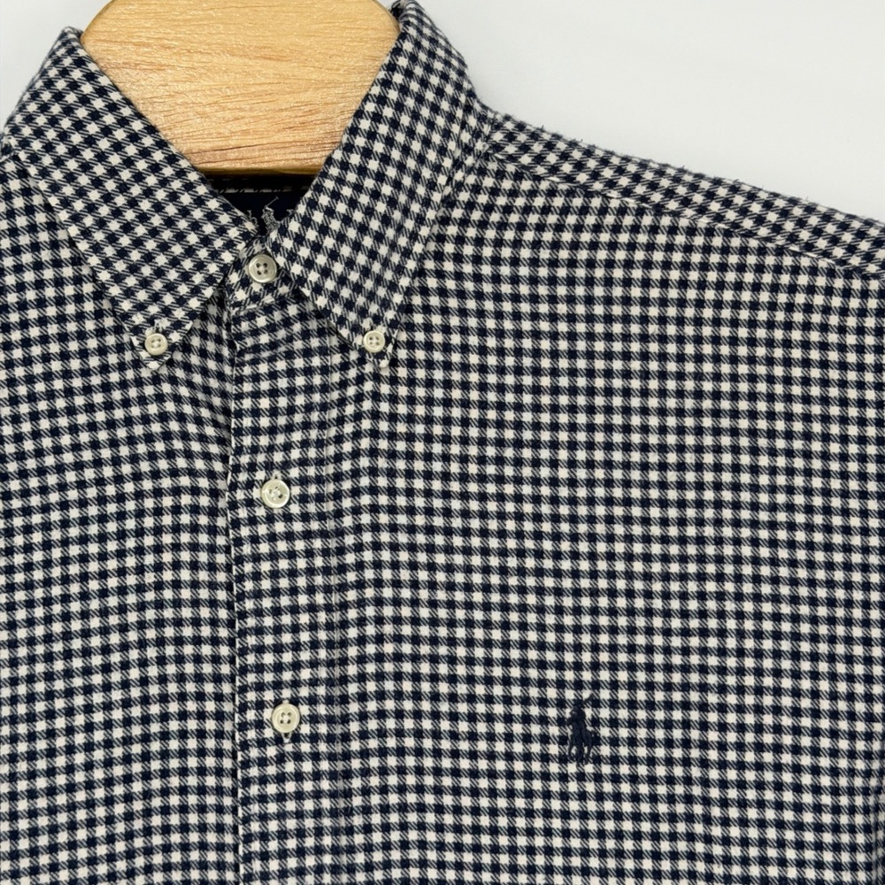 Vintage Ralph Lauren Button Down Men L Navy Gingham Flannel Blake Fit Pony Gorp